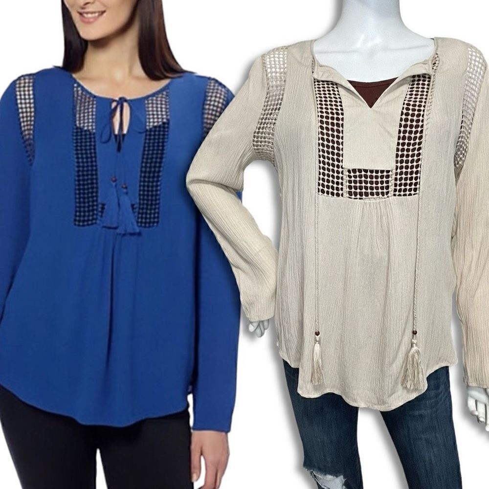 BOHO Embroidered Peasant Top Taupe Beige Tan Crepe Joseph A. Sz S